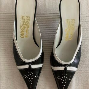 Salvatore Ferragamo Black and White Mules